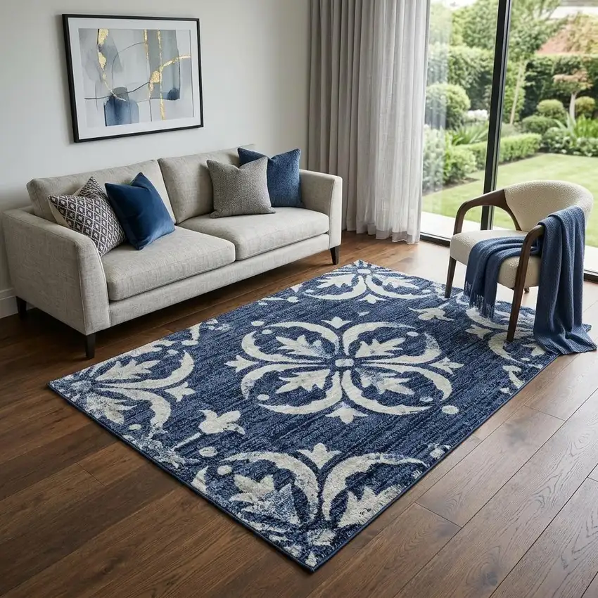 Navy Blue And Ivory Floral Washable Area Rug With UV Protection Photo 1