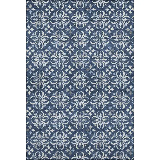 Navy Blue And Ivory Floral Washable Area Rug With UV Protection Photo 6