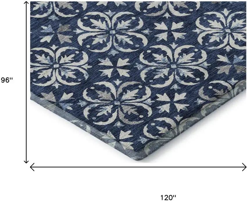 Navy Blue And Ivory Floral Washable Area Rug With UV Protection Photo 9