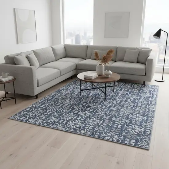 Navy Blue And Ivory Floral Washable Area Rug With UV Protection Photo 2