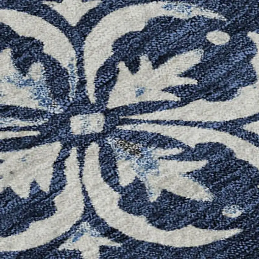 Navy Blue And Ivory Floral Washable Area Rug With UV Protection Photo 2