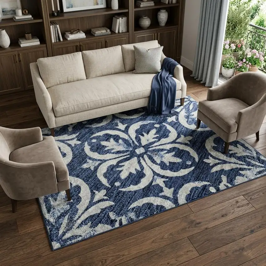 Navy Blue And Ivory Floral Washable Area Rug With UV Protection Photo 1