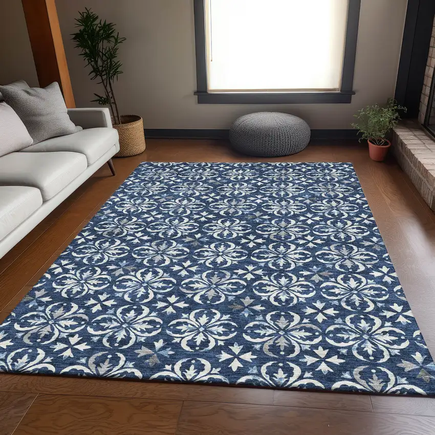 Navy Blue And Ivory Floral Washable Area Rug With UV Protection Photo 5
