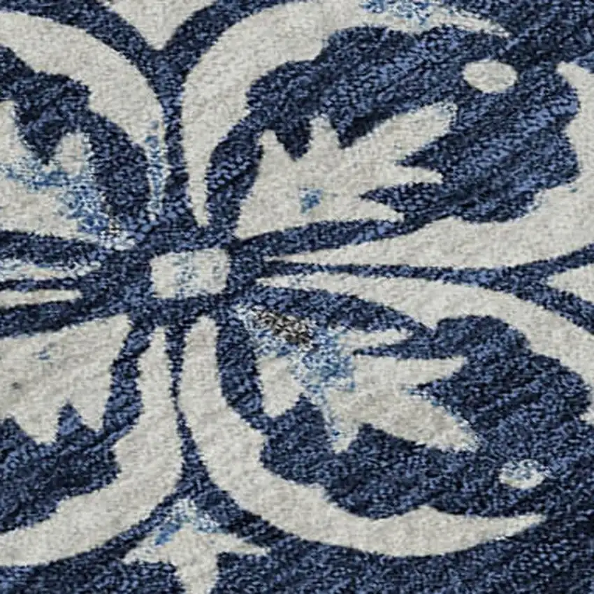 Navy Blue And Ivory Floral Washable Area Rug With UV Protection Photo 2