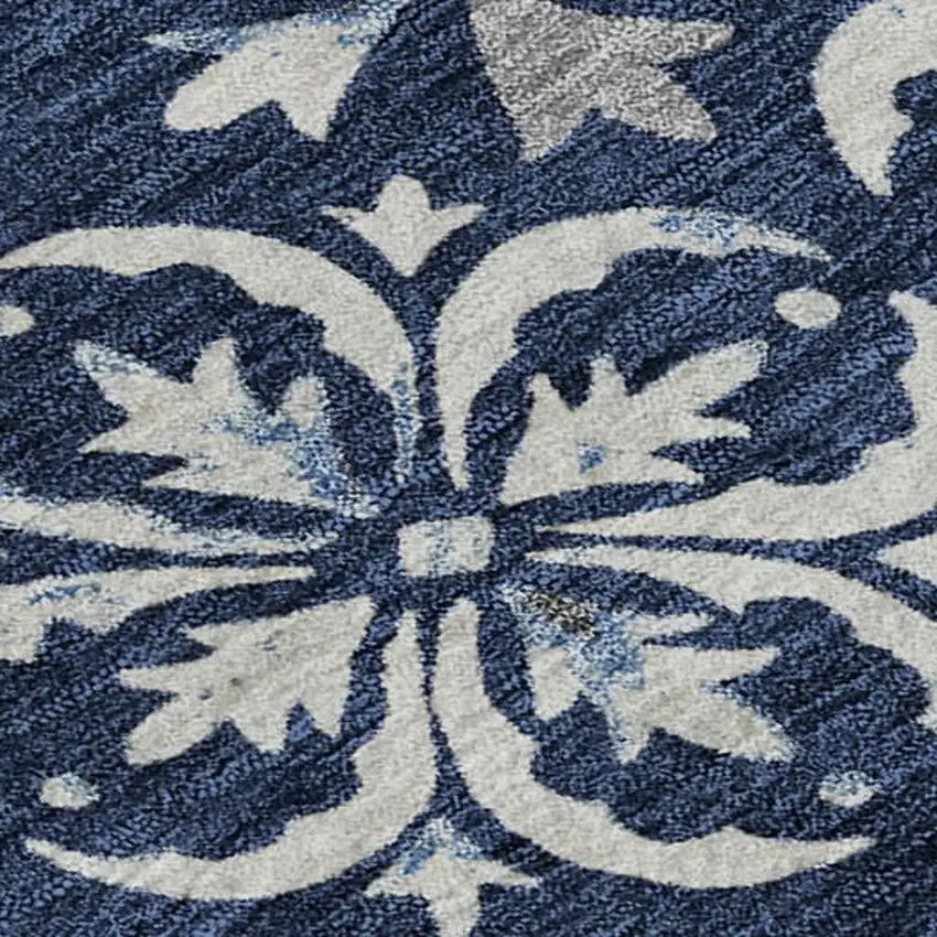 Navy Blue And Ivory Floral Washable Area Rug With UV Protection Photo 3