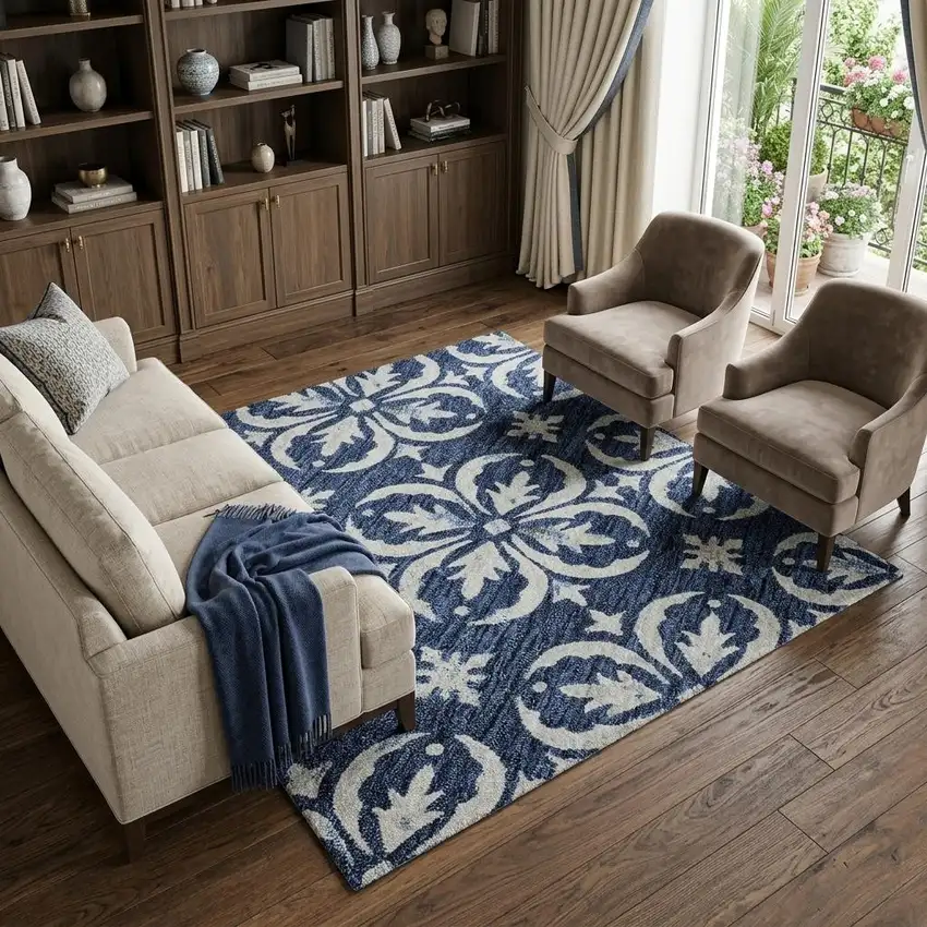 Navy Blue And Ivory Floral Washable Area Rug With UV Protection Photo 1