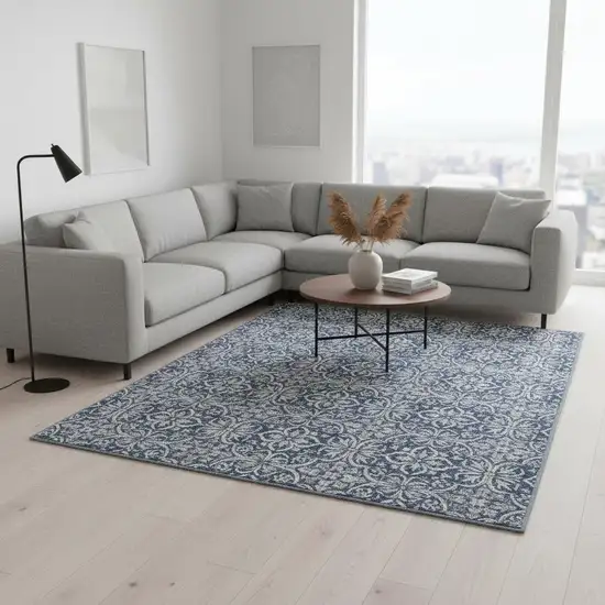 Navy Blue And Ivory Floral Washable Area Rug With UV Protection Photo 2