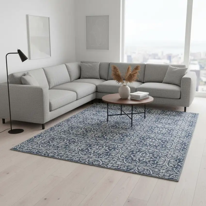 Navy Blue And Ivory Floral Washable Area Rug With UV Protection Photo 2