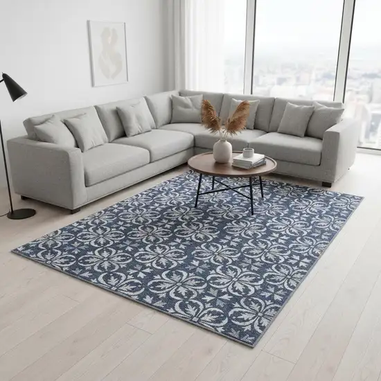 Navy Blue And Ivory Floral Washable Area Rug With UV Protection Photo 2