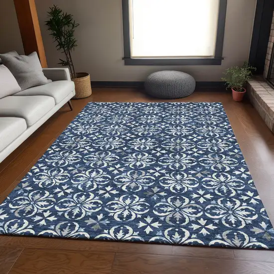 Navy Blue And Ivory Floral Washable Area Rug With UV Protection Photo 4