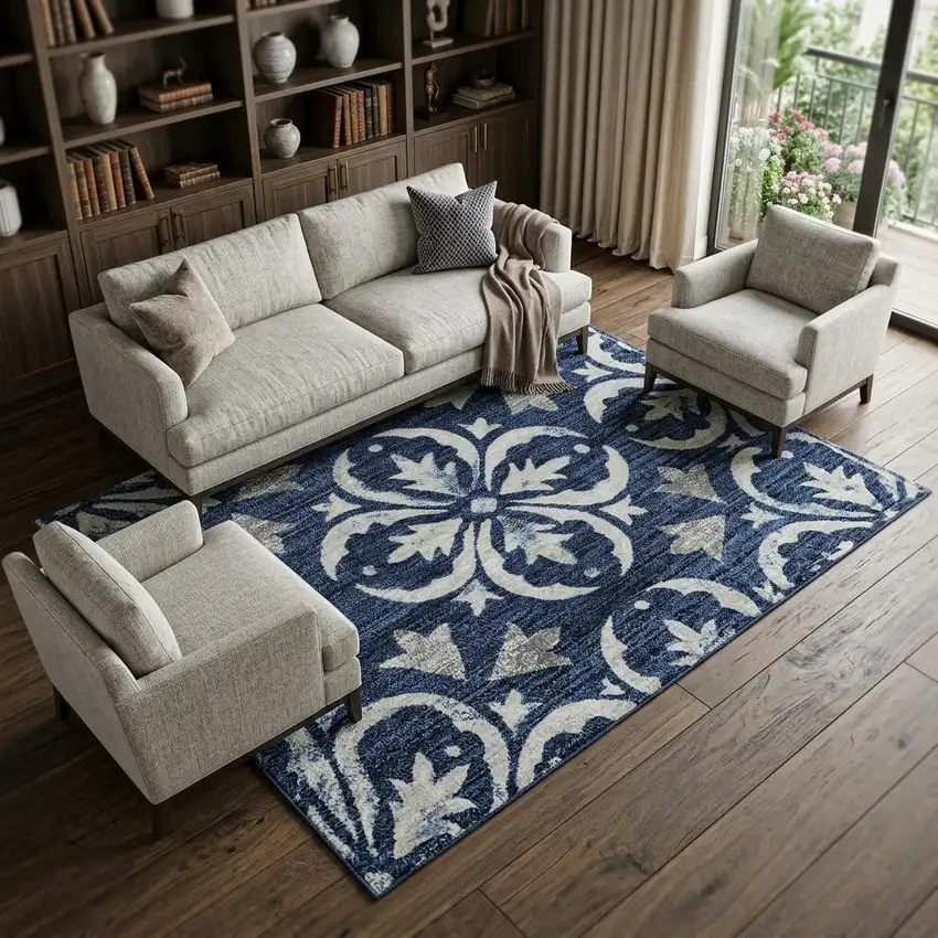Navy Blue And Ivory Floral Washable Area Rug With UV Protection Photo 1