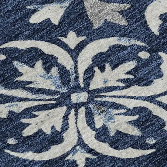 Navy Blue And Ivory Floral Washable Area Rug With UV Protection Photo 2