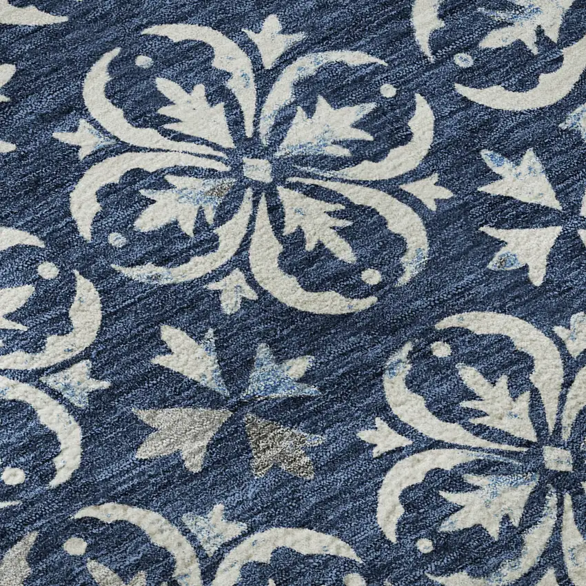 Navy Blue And Ivory Floral Washable Area Rug With UV Protection Photo 8