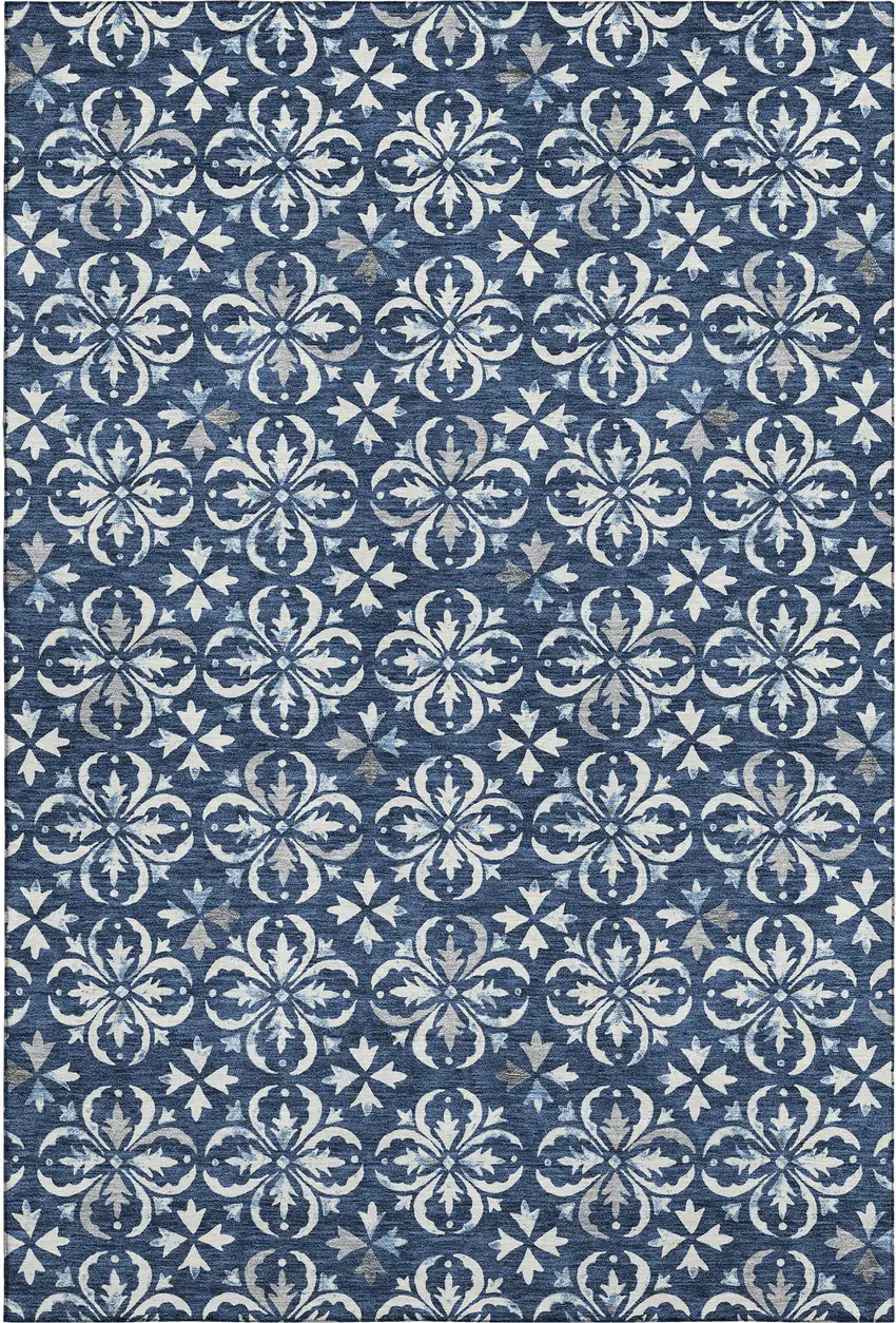 Navy Blue And Ivory Floral Washable Area Rug With UV Protection Photo 5