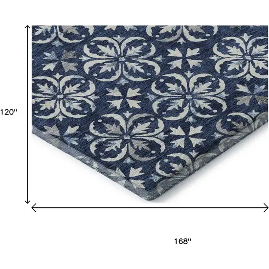Navy Blue And Ivory Floral Washable Area Rug With UV Protection Photo 9