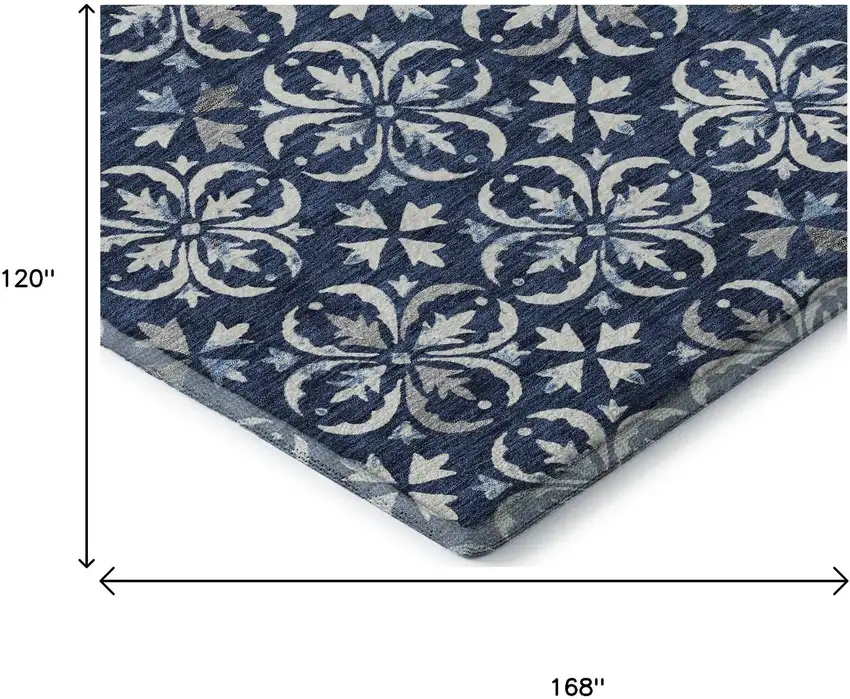 Navy Blue And Ivory Floral Washable Area Rug With UV Protection Photo 9
