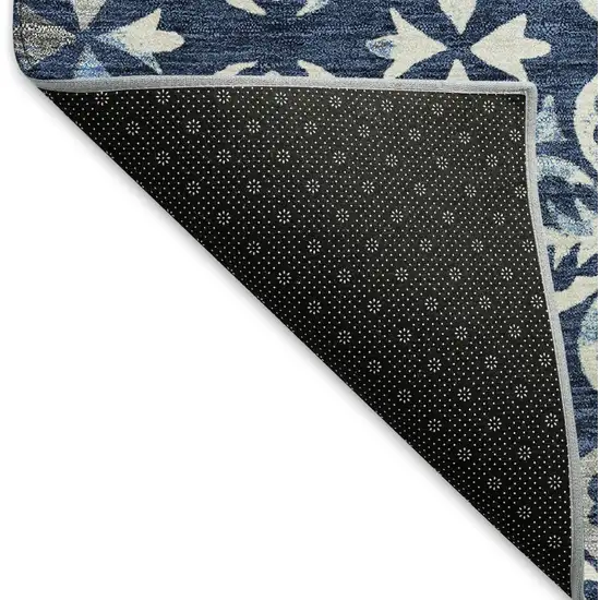 Navy Blue And Ivory Floral Washable Area Rug With UV Protection Photo 6