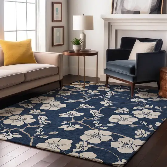 Navy Blue And Ivory Floral Washable Area Rug With UV Protection Photo 4