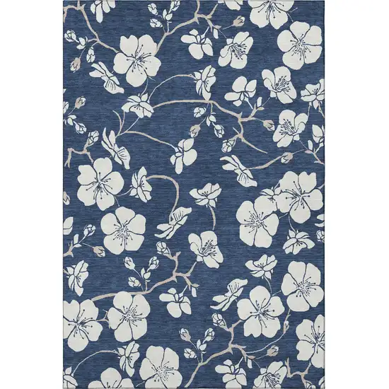 Navy Blue And Ivory Floral Washable Area Rug With UV Protection Photo 3