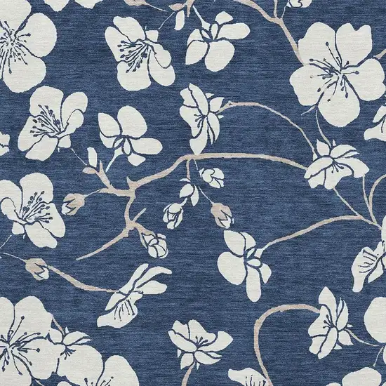 Navy Blue And Ivory Floral Washable Area Rug With UV Protection Photo 2