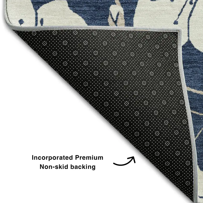 Navy Blue And Ivory Floral Washable Area Rug With UV Protection Photo 6