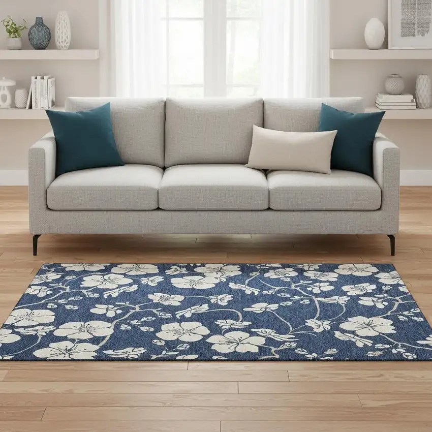 Navy Blue And Ivory Floral Washable Area Rug With UV Protection Photo 2
