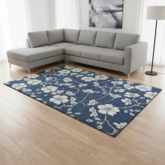 Navy Blue And Ivory Floral Washable Area Rug With UV Protection Photo 2