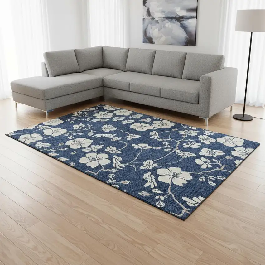 Navy Blue And Ivory Floral Washable Area Rug With UV Protection Photo 2