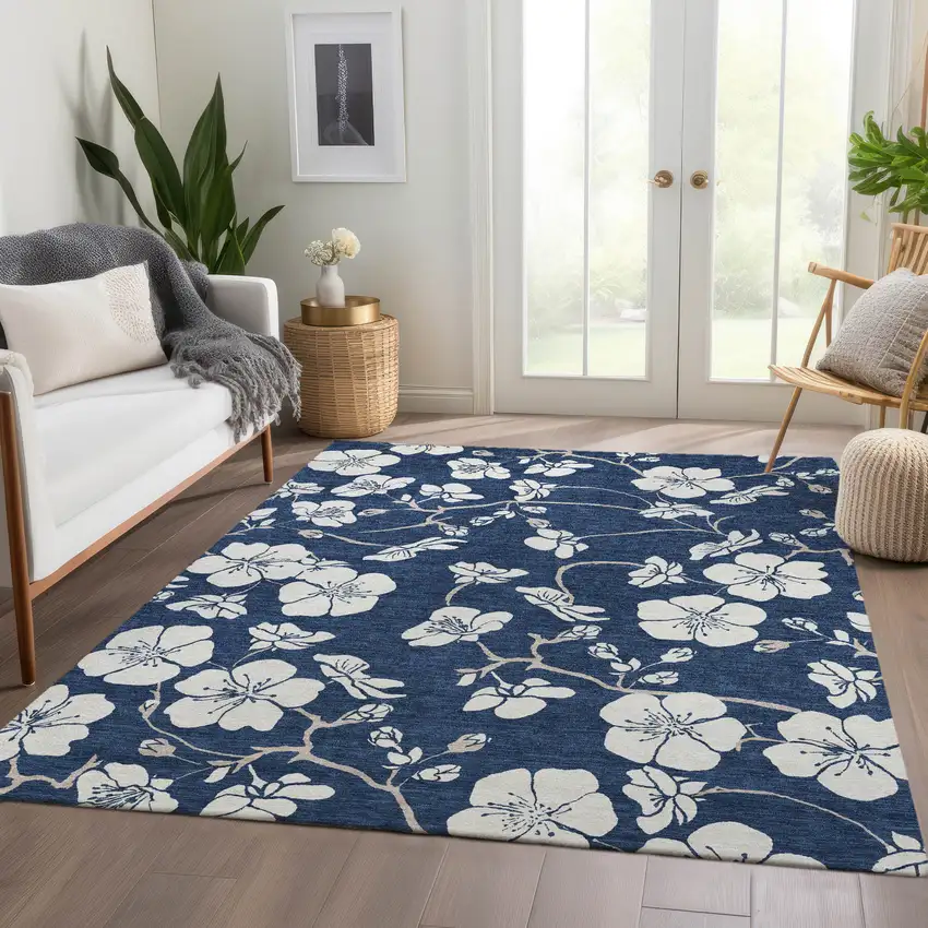 Navy Blue And Ivory Floral Washable Area Rug With UV Protection Photo 5