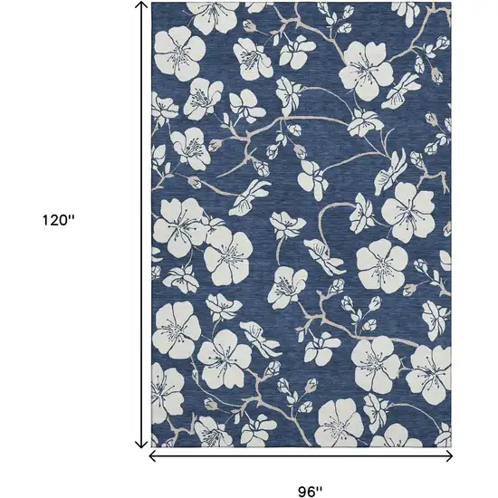 Navy Blue And Ivory Floral Washable Area Rug With UV Protection Photo 8