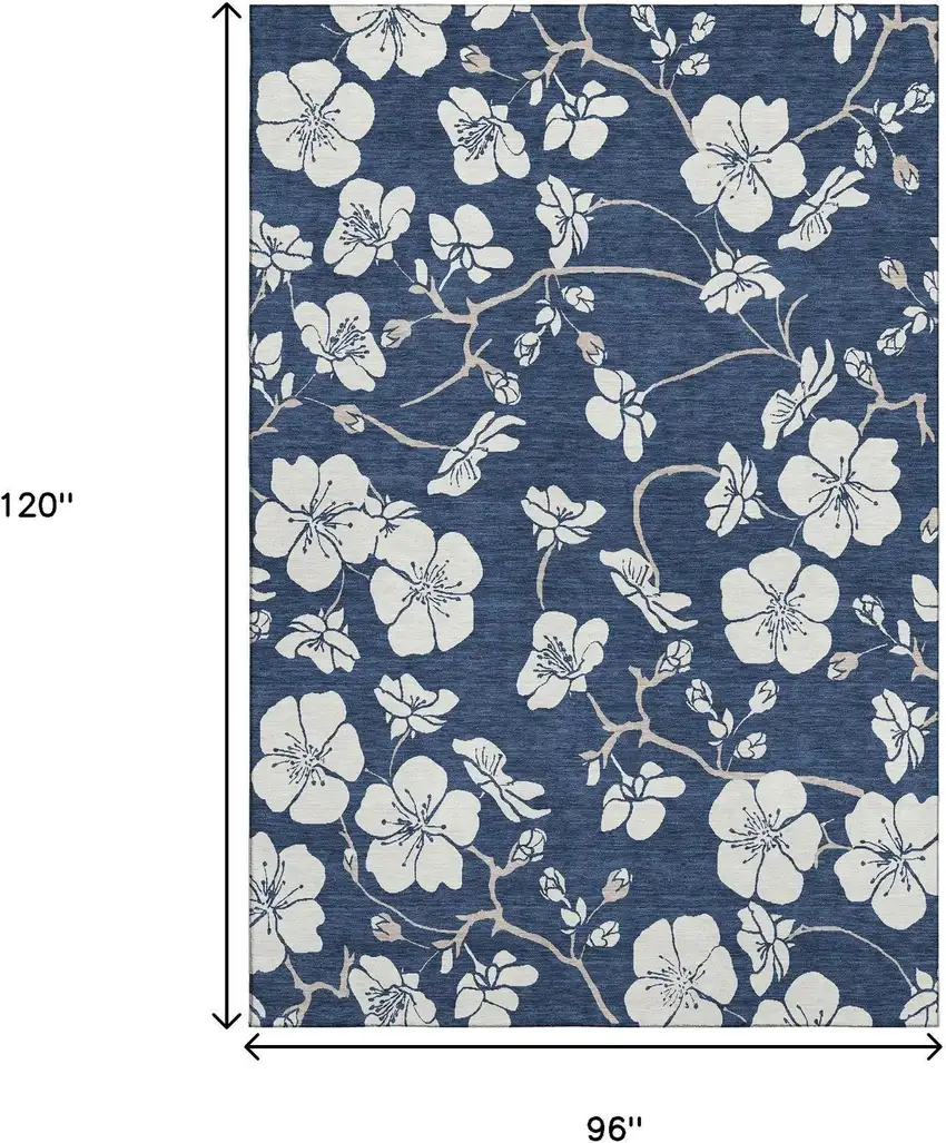 Navy Blue And Ivory Floral Washable Area Rug With UV Protection Photo 8