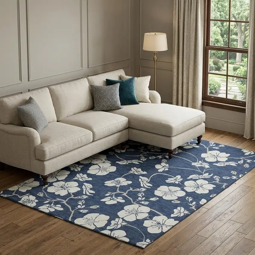 Navy Blue And Ivory Floral Washable Area Rug With UV Protection Photo 1