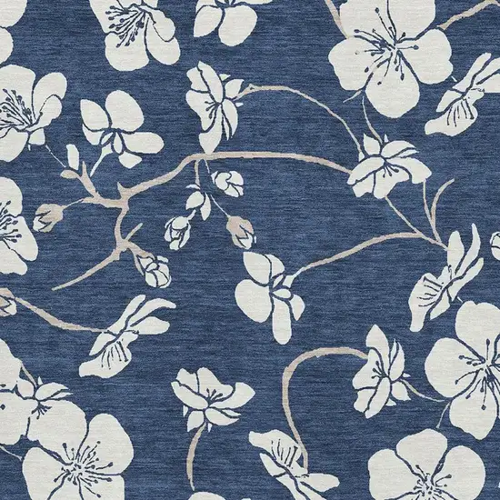 Navy Blue And Ivory Floral Washable Area Rug With UV Protection Photo 2