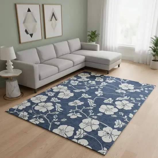 Navy Blue And Ivory Floral Washable Area Rug With UV Protection Photo 2