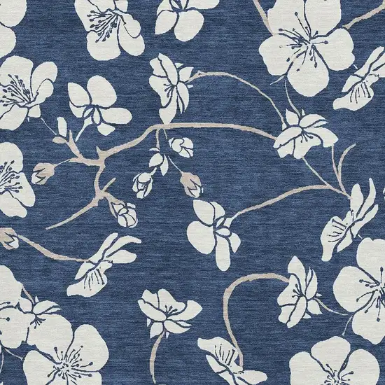 Navy Blue And Ivory Floral Washable Area Rug With UV Protection Photo 3