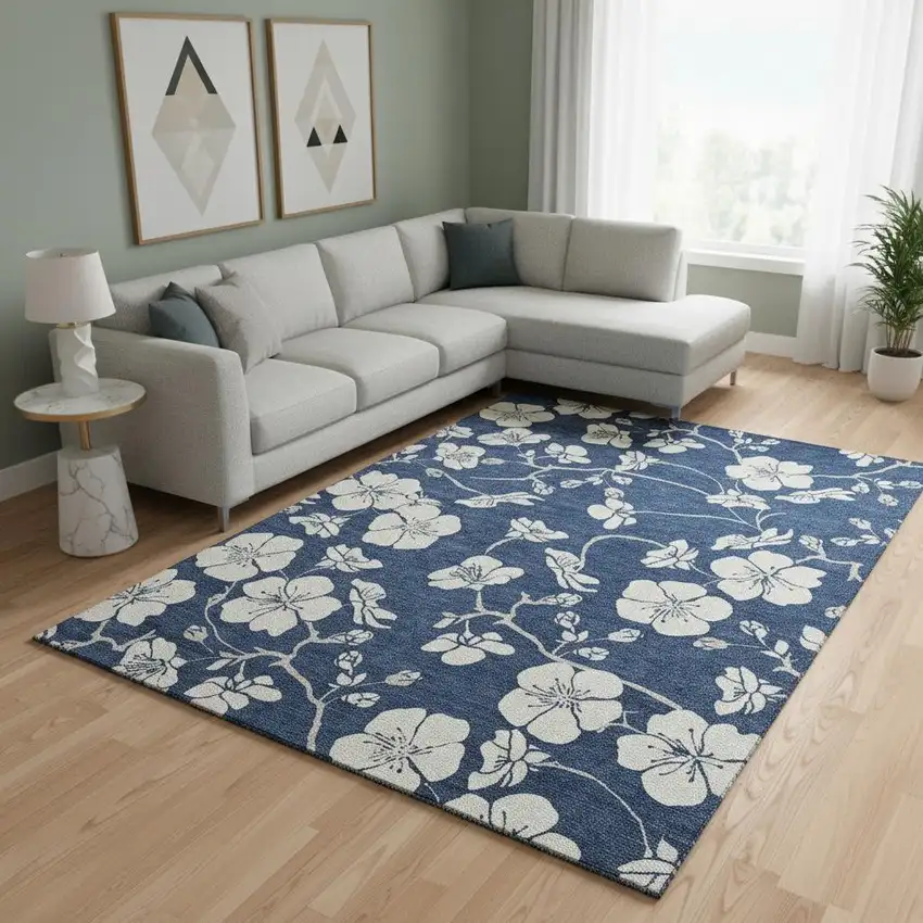 Navy Blue And Ivory Floral Washable Area Rug With UV Protection Photo 2
