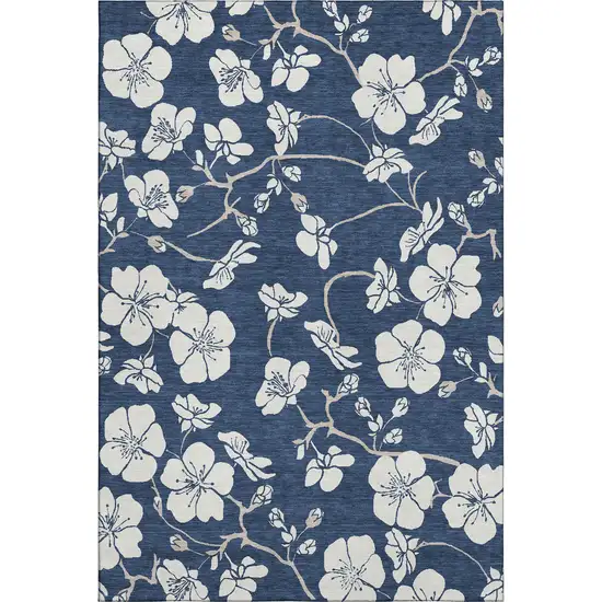 Navy Blue And Ivory Floral Washable Area Rug With UV Protection Photo 1