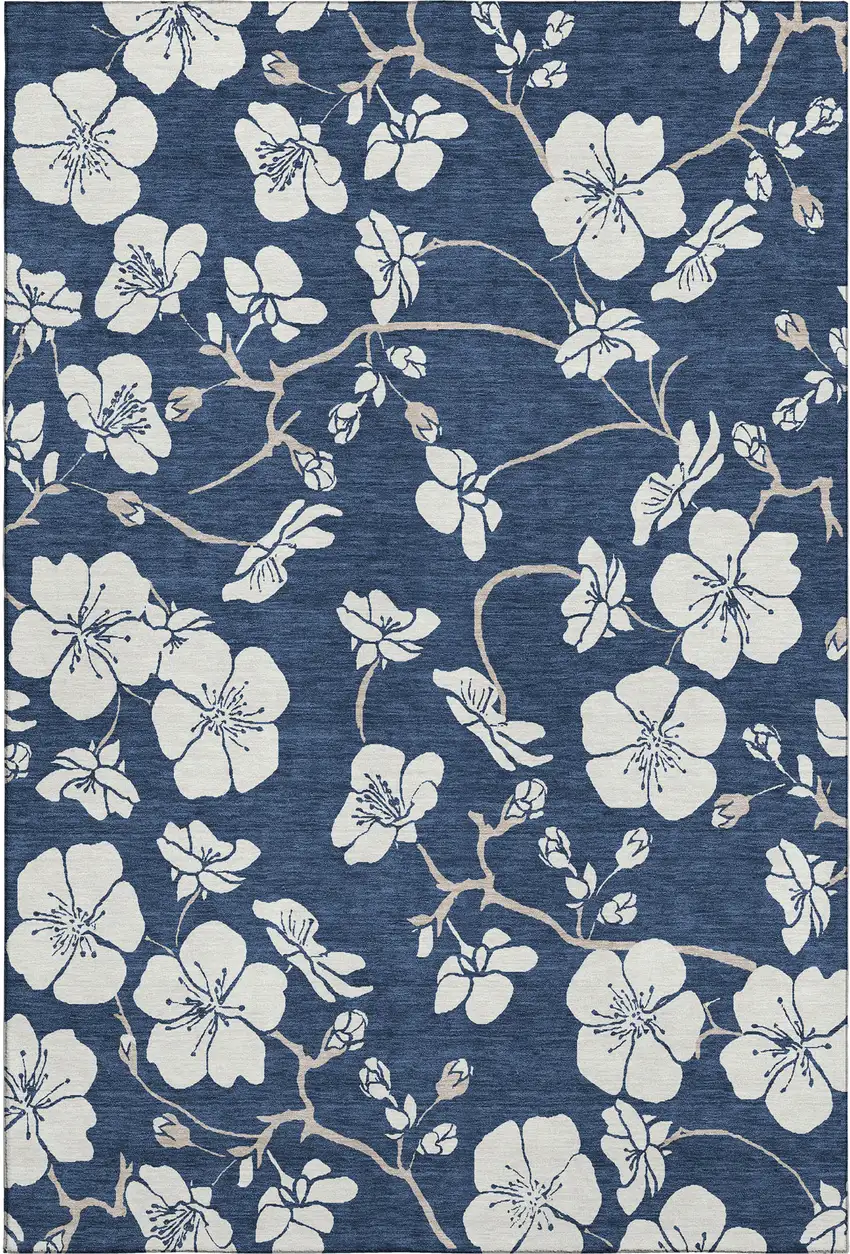 Navy Blue And Ivory Floral Washable Area Rug With UV Protection Photo 1