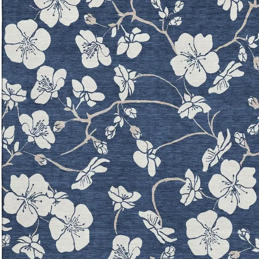 Navy Blue And Ivory Floral Washable Area Rug With UV Protection Photo 3