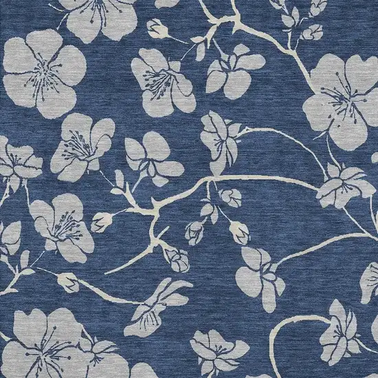 Navy Blue And Ivory Floral Washable Area Rug With UV Protection Photo 2