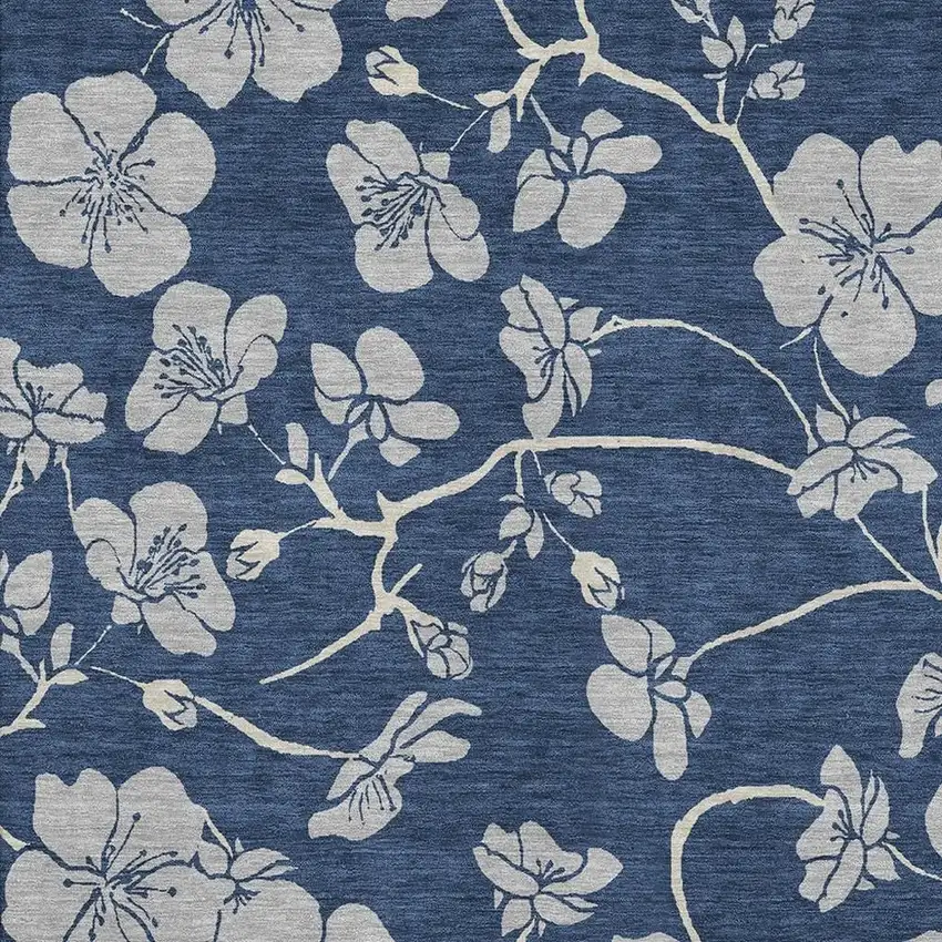 Navy Blue And Ivory Floral Washable Area Rug With UV Protection Photo 2