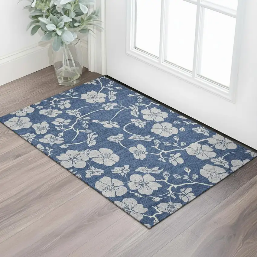 Navy Blue And Ivory Floral Washable Area Rug With UV Protection Photo 2