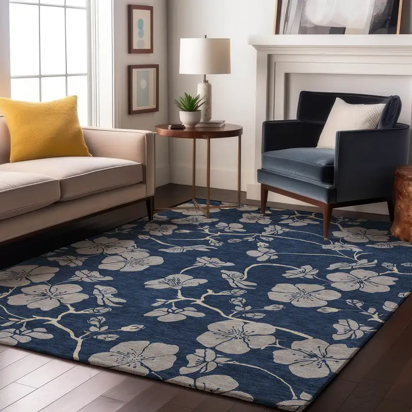 Navy Blue And Ivory Floral Washable Area Rug With UV Protection Photo 4