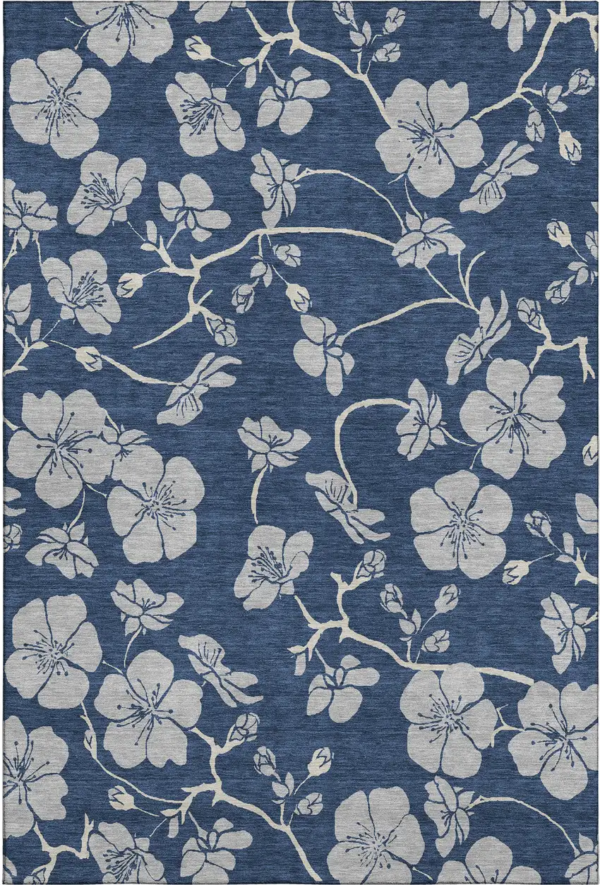 Navy Blue And Ivory Floral Washable Area Rug With UV Protection Photo 1