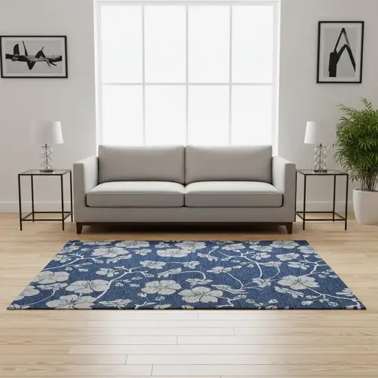 Navy Blue And Ivory Floral Washable Area Rug With UV Protection Photo 2