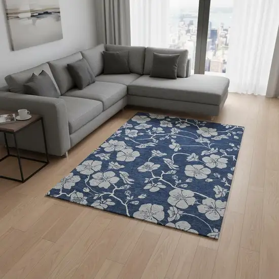 Navy Blue And Ivory Floral Washable Area Rug With UV Protection Photo 2