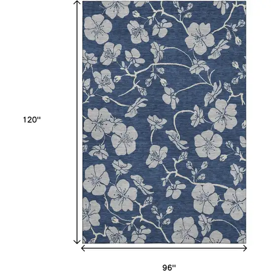 Navy Blue And Ivory Floral Washable Area Rug With UV Protection Photo 9
