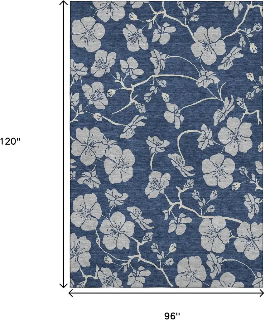 Navy Blue And Ivory Floral Washable Area Rug With UV Protection Photo 9