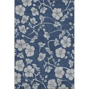 Photo of Navy Blue And Ivory Floral Washable Area Rug With UV Protection