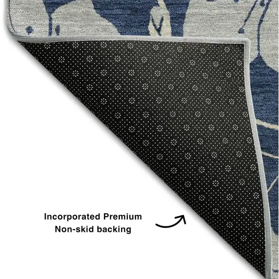 Navy Blue And Ivory Floral Washable Area Rug With UV Protection Photo 5